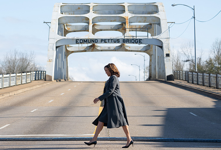 Vice President Kamala Harris arriving at the Edmund Pettus Bridge in Selma, Alabama, to commemorate the 59th anniversary of "Bloody Sunday". Image taken by Saul Loeb
